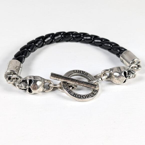 The Kooples Paris Silver Tone Black Woven Leather Skulls Toggle Unisex Bracelet